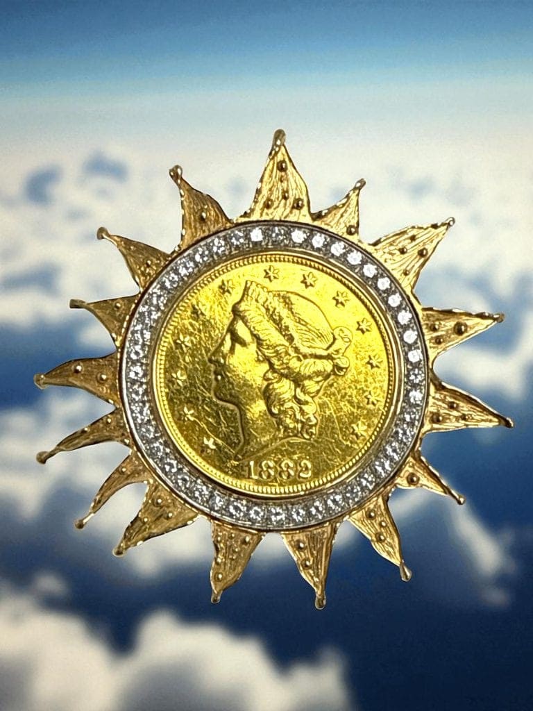 24k $20 gold coin set with 45 RBC diamond weighing 2.00 carats in 14k yellow gold sunburst pendant.
