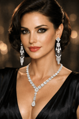 Stunning woman adorned with glittering Art Deco diamond necklace and chandelier earrings, showcasing exquisite jewelry pieces from an estate jewelry specialist.