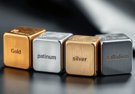 Close-up of four metal cubes labeled gold, platinum, silver, and palladium, illustrating different precious metals used in fine jewelry.