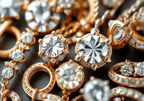 An image showcasing a variety of fine jewelry pieces, including rings, pendants, and necklaces, all featuring sparkling diamonds set in gold.