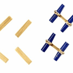 Carrier cufflinks with interchangeable bars. Lapis lazuli, estimated gross weight 18.5 grams, mounted in 18k gold with 18k gold, rose gold and white gold accentsh, signed Cartier, no. 686111, measures 7/8 x 1/4 in. Cufflinks with interchangeable bars.