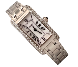 14k white gold Geneve watch with 62 round brilliant cut diamonds. Objects