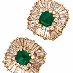 Elegant emerald and diamond earrings featuring a central square-cut emerald surrounded by sparkling diamonds and baguette-cut diamonds, set in gold. Perfect for special occasions or adding luxury to your jewelry collection. Earrings