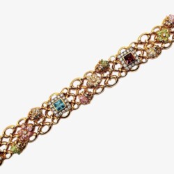 This luxurious gold bracelet features an intricate design with sparkling multicolored gemstones, perfect for adding a touch of elegance to any jewelry collection or special occasion. Ideal for buyers and sellers of fine estate jewelry. Bracelets