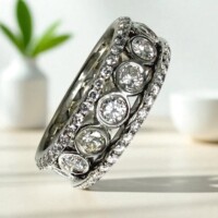 Elegant diamond eternity ring showcasing sparkling round diamonds in a luxurious platinum band. Shiny diamond eternity ring with multiple round-cut diamonds in platinum setting.