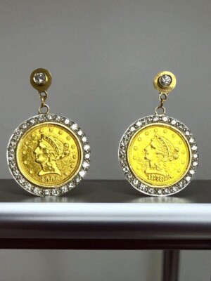Elegant gold and diamond dangle earrings showcasing vintage 1906 coin design with diamond accents for a luxurious, timeless look. 24k 2.5 dollar gold coin earrings