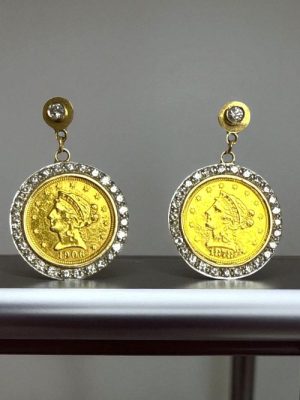 Elegant gold and diamond dangle earrings showcasing vintage 1906 coin design with diamond accents for a luxurious, timeless look. 24k 2.5 dollar gold coin earrings