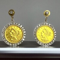 Elegant gold and diamond dangle earrings showcasing vintage 1906 coin design with diamond accents for a luxurious, timeless look. 24k 2.5 dollar gold coin earrings