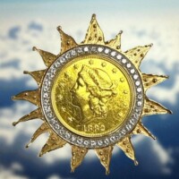 Elegant vintage-inspired jewelry with intricate design, perfect for collectors and jewelry enthusiasts looking for unique, high-quality estate pieces. 24k $20 gold coin set with 45 RBC diamond weighing 2.00 carats in 14k yellow gold sunburst pendant.